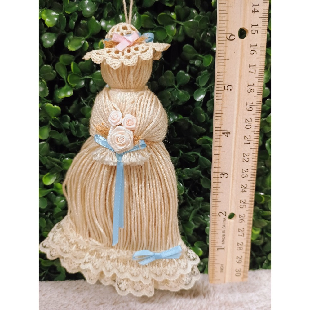 Vintage Handmade Cream Yarn String Doll Ornament Crochet Lace Hat Blue Pink Bows